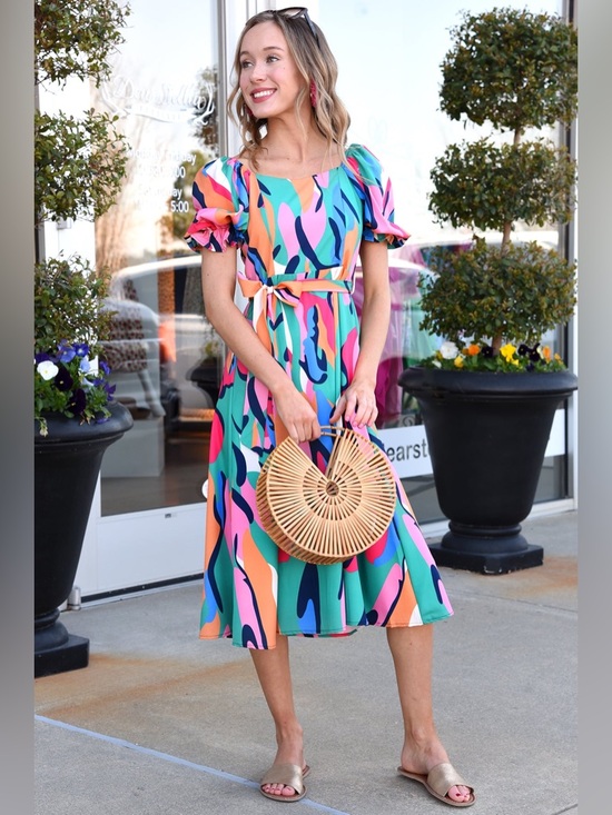 Sunday Up Dresses & Skirts - Sunday Up Multicolor Abstract Midi Dress Size Large Puff Sleeve Summer Tea Dress